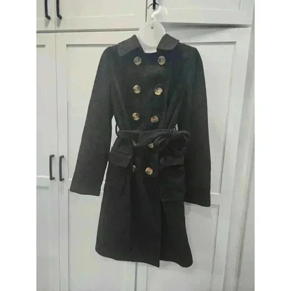 Old Navy Black Trench Coat Belted Jacket Womens Size Medium Wool Blend - Picture 1 of 6